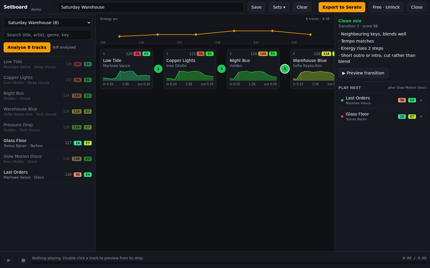 A transition badge selected, with the Inspector listing the key relation, tempo difference, energy step and blend room