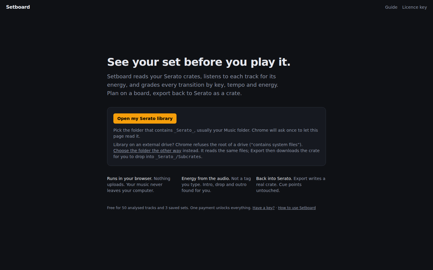 The Setboard start screen with the Open my Serato library button